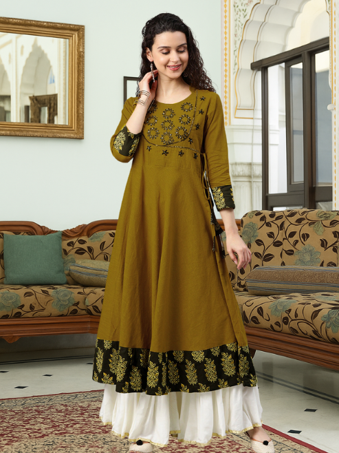 Cotton Slub Sequin Work Angrakha Kurta