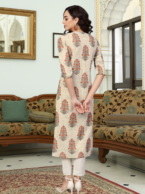 Cotton Cambric Sequin Work Straight Kurta (Beige)