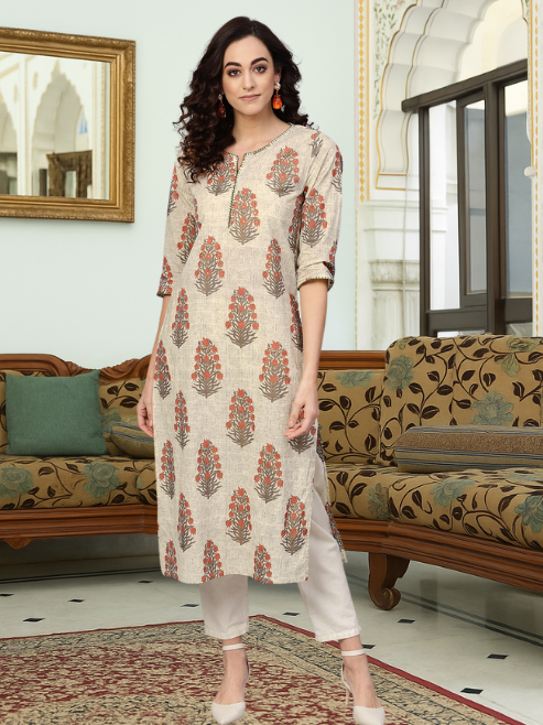 Cotton Cambric Sequin Work Straight Kurta (Beige)