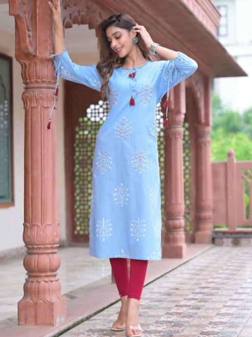 Cotton Cambric Sequin & Thread Work Straight Kurta (Blue)