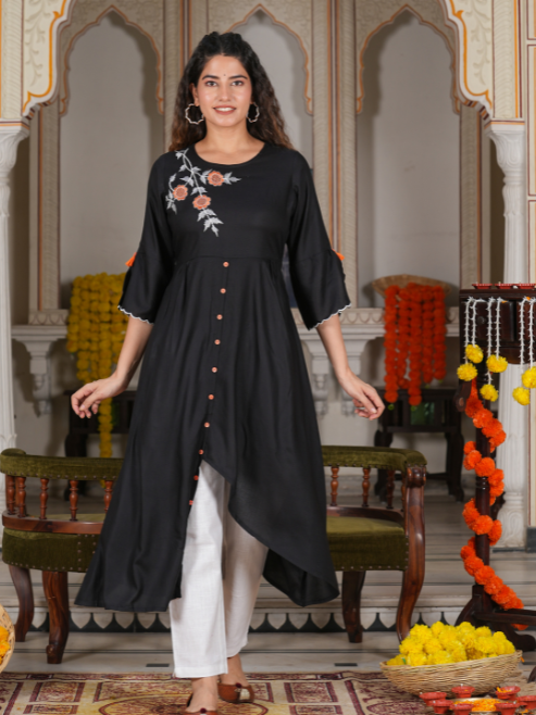 Rayon Embroidered Up & down Style kurta (Black)