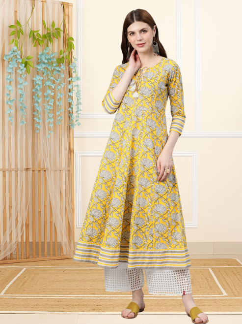 Cambric Cotton Floral Printed Anarkali Kurta (Lemon Yellow)