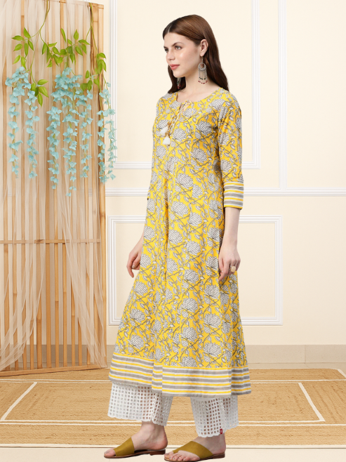 Cambric Cotton Floral Printed Anarkali Kurta (Lemon Yellow)