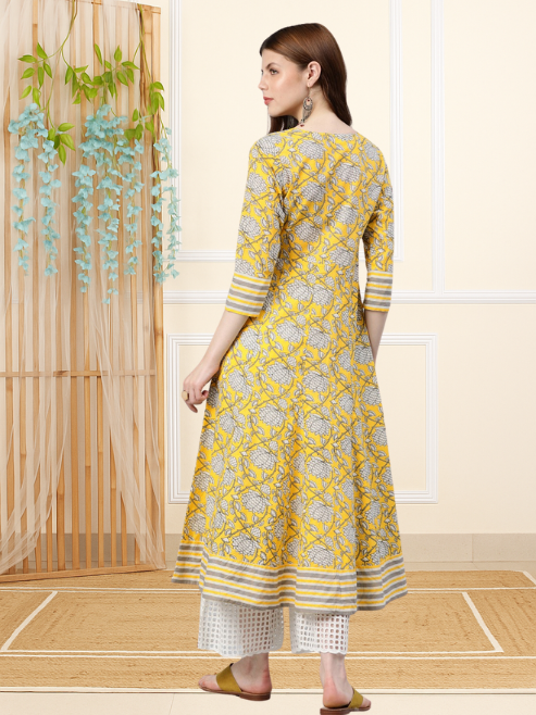 Cambric Cotton Floral Printed Anarkali Kurta (Lemon Yellow)