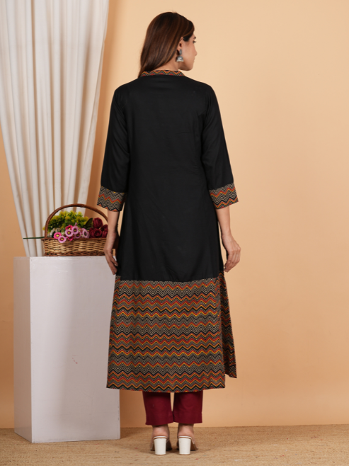 Fashion Plus Store Women's Rayon Calf Length Zigzag Printed 3/4th Sleeve Regular Fitted Black A-line Kurta with Zig-Zag Printed Dupatta