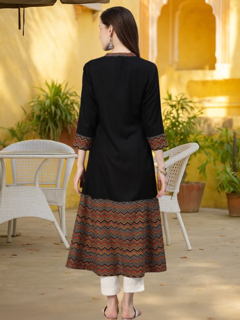 Rayon & Cotton Cambric Zig-Zag Printed A-line Kurta