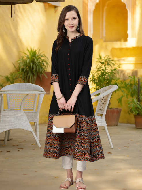 Rayon & Cotton Cambric Zig-Zag Printed A-line Kurta