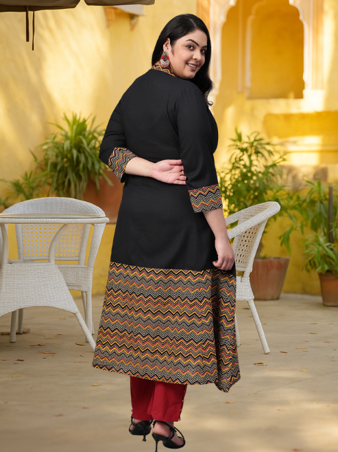 Rayon & Cotton Cambric Zig-Zag Printed A-line Kurta