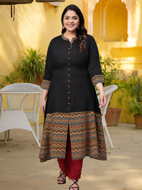 Rayon & Cotton Cambric Zig-Zag Printed A-line Kurta