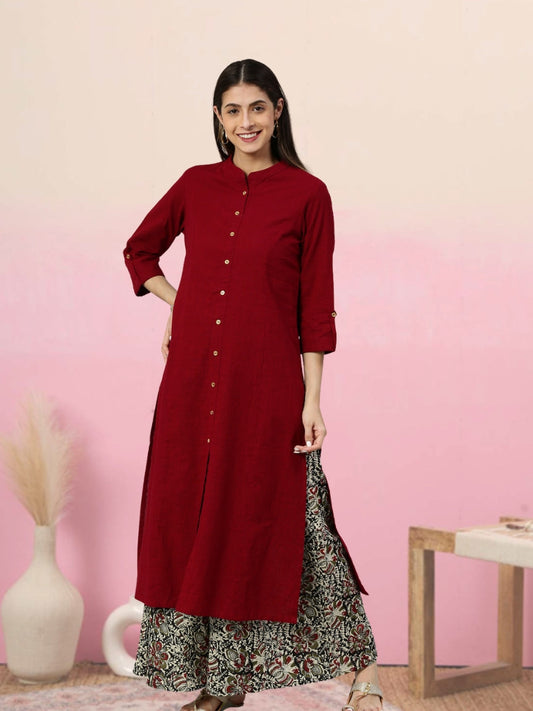 Fashion Plus Store Women's Cotton Slub Calf Length 3/4th Sleeve Straight Kurta with Kalamkari Printed Palazzo