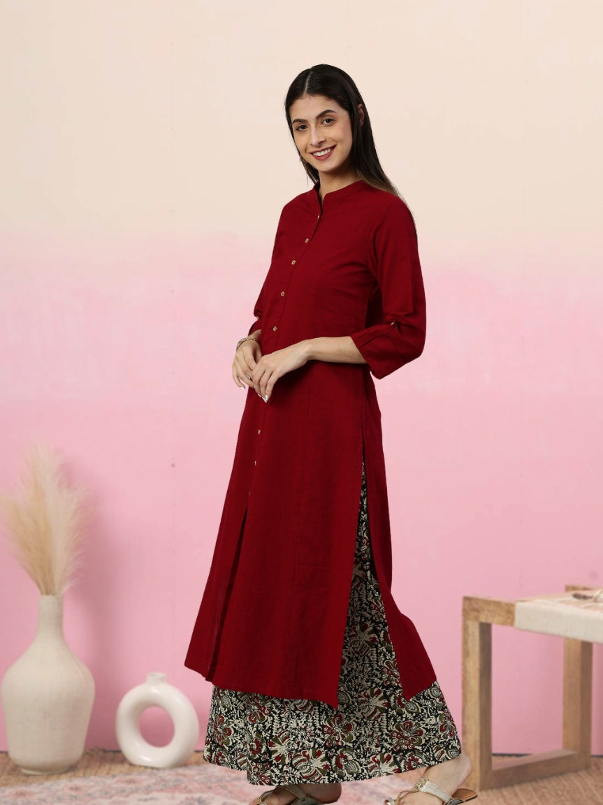 Fashion Plus Store Women's Cotton Slub Calf Length 3/4th Sleeve Straight Kurta with Kalamkari Printed Palazzo