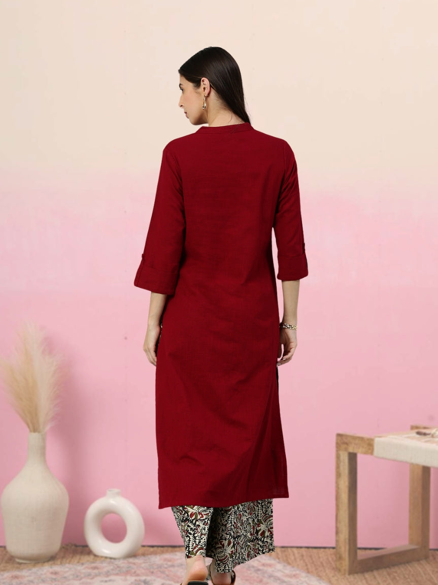 Fashion Plus Store Women's Cotton Slub Calf Length 3/4th Sleeve Straight Kurta with Kalamkari Printed Palazzo