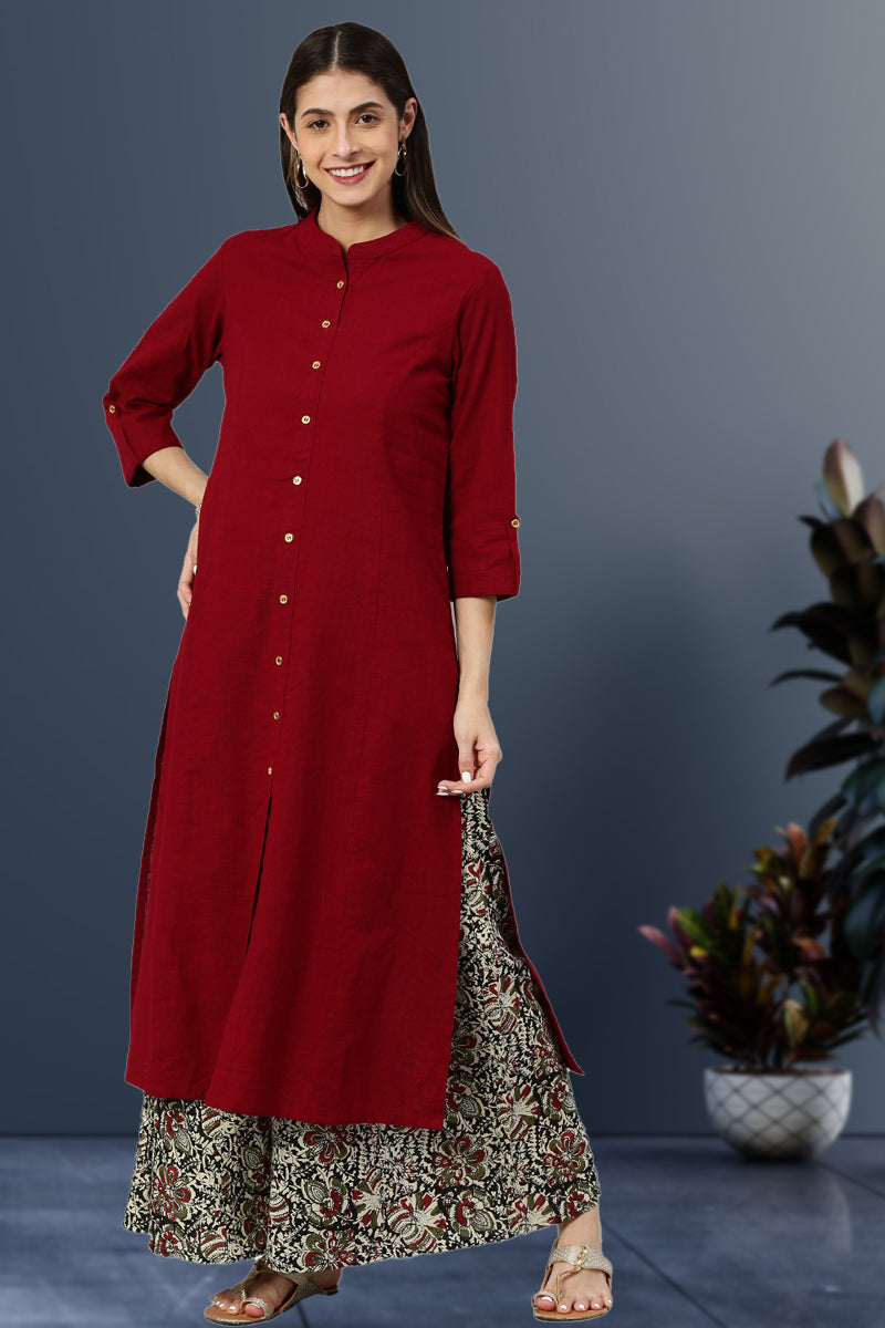 Fashion Plus Store Women's Cotton Slub Calf Length 3/4th Sleeve Straight Kurta with Kalamkari Printed Palazzo