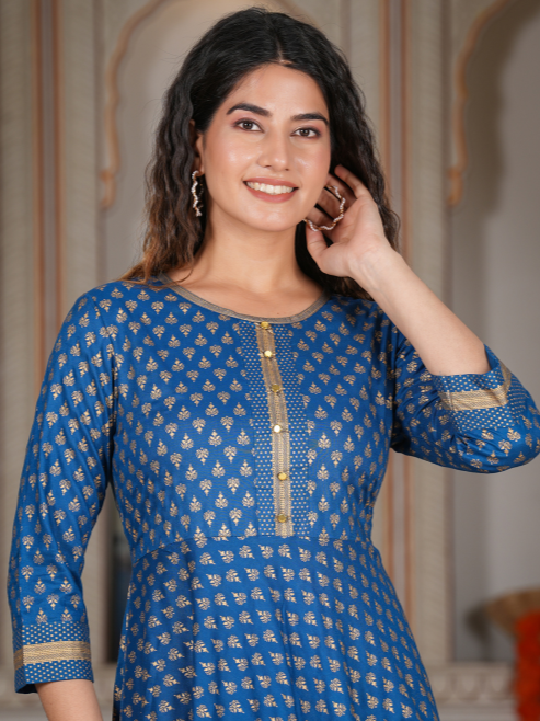 Rayon Golden Buti Printed Anarkali Kurta (Blue)