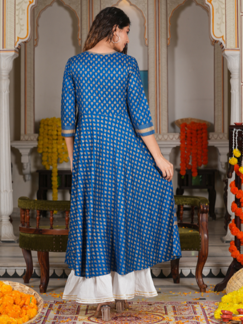 Rayon Golden Buti Printed Anarkali Kurta (Blue)