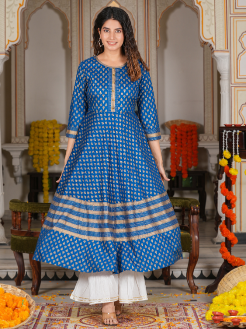 Rayon Golden Buti Printed Anarkali Kurta (Blue)