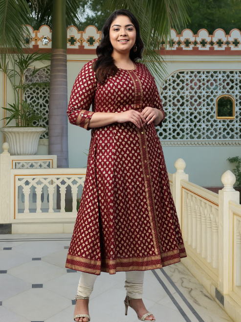 Rayon Golden Buti Printed A-line Kurta