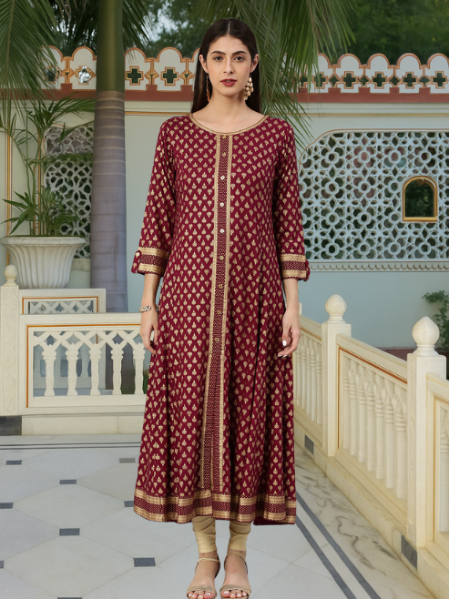 Rayon Golden Buti Printed A-line Kurta