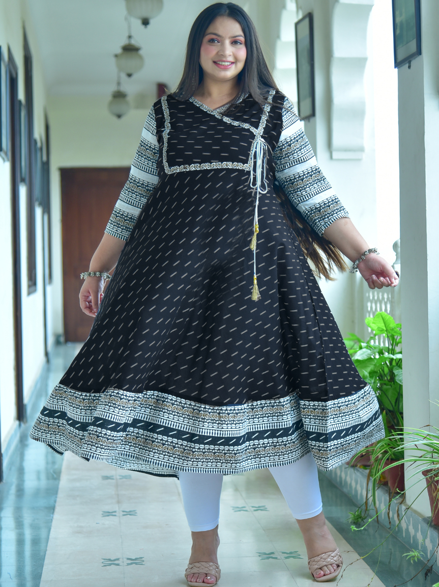 Cotton & Cotton Slub Ikat Printed Anarkali Kurta Dress