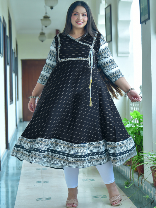 Cotton & Cotton Slub Ikat Printed Anarkali Kurta Dress
