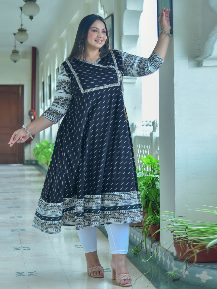 Cotton & Cotton Slub Ikat Printed Anarkali Kurta Dress