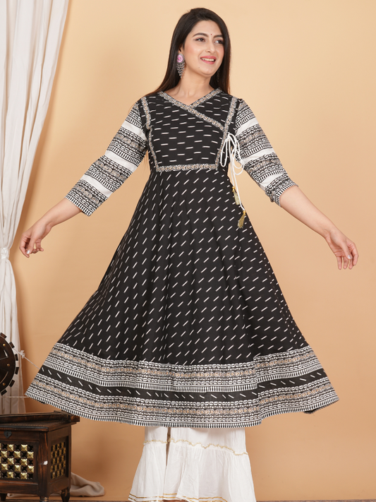 Cotton & Cotton Slub Ikat Printed Anarkali Kurta Dress