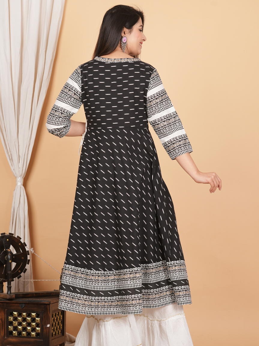Cotton & Cotton Slub Ikat Printed Anarkali Kurta Dress