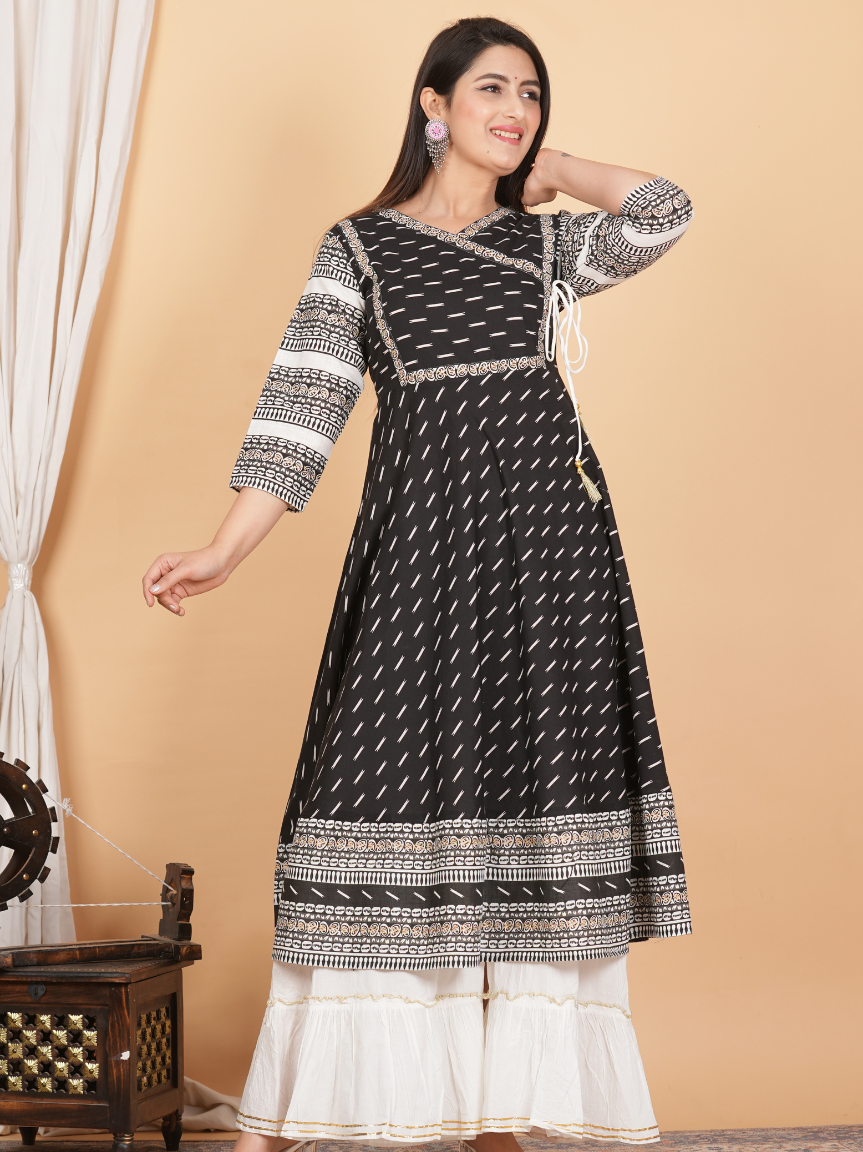 Cotton & Cotton Slub Ikat Printed Anarkali Kurta Dress