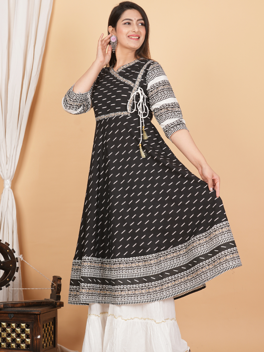 Cotton & Cotton Slub Ikat Printed Anarkali Kurta Dress