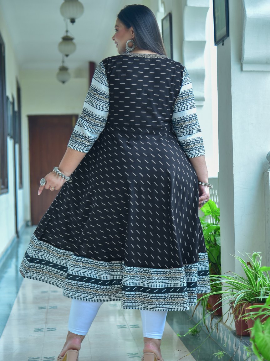 Cotton & Cotton Slub Ikat Printed Anarkali Kurta Dress