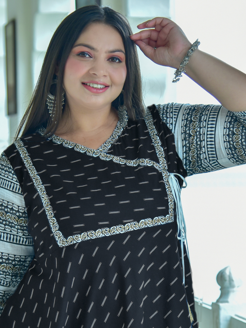 Cotton & Cotton Slub Ikat Printed Anarkali Kurta Dress