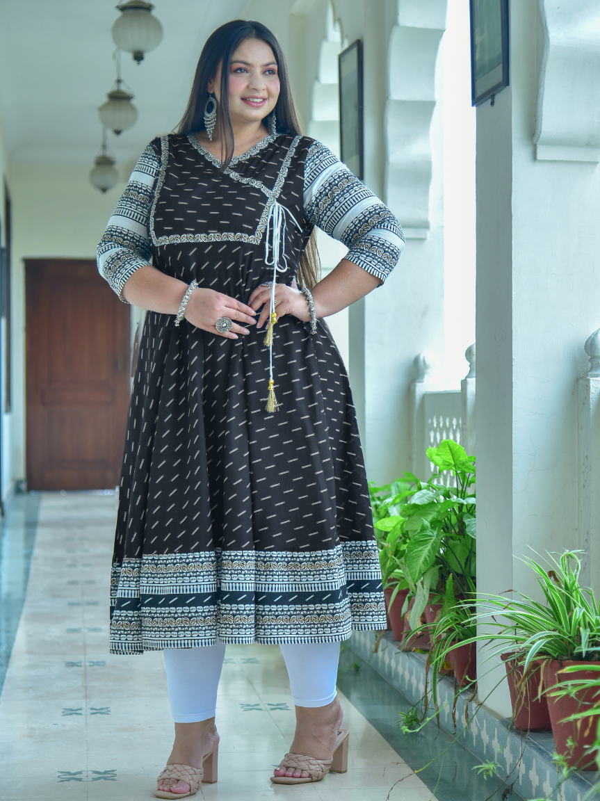 Cotton & Cotton Slub Ikat Printed Anarkali Kurta Dress