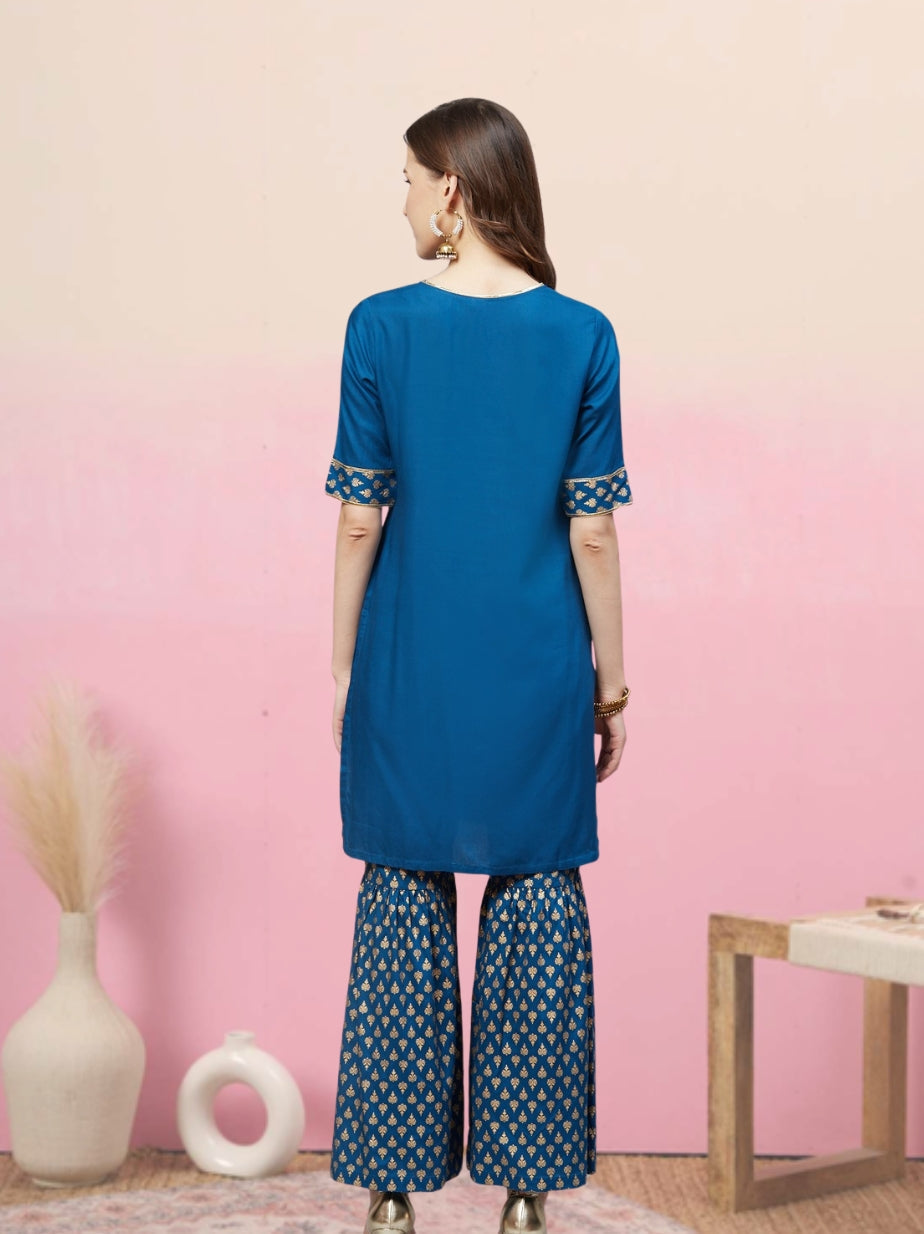 Rayon Gold Printed Straight Kurta & Sharara Set (Blue)