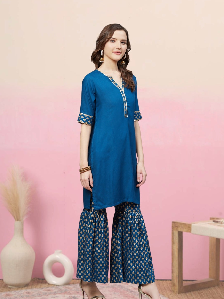 Rayon Gold Printed Straight Kurta & Sharara Set (Blue)
