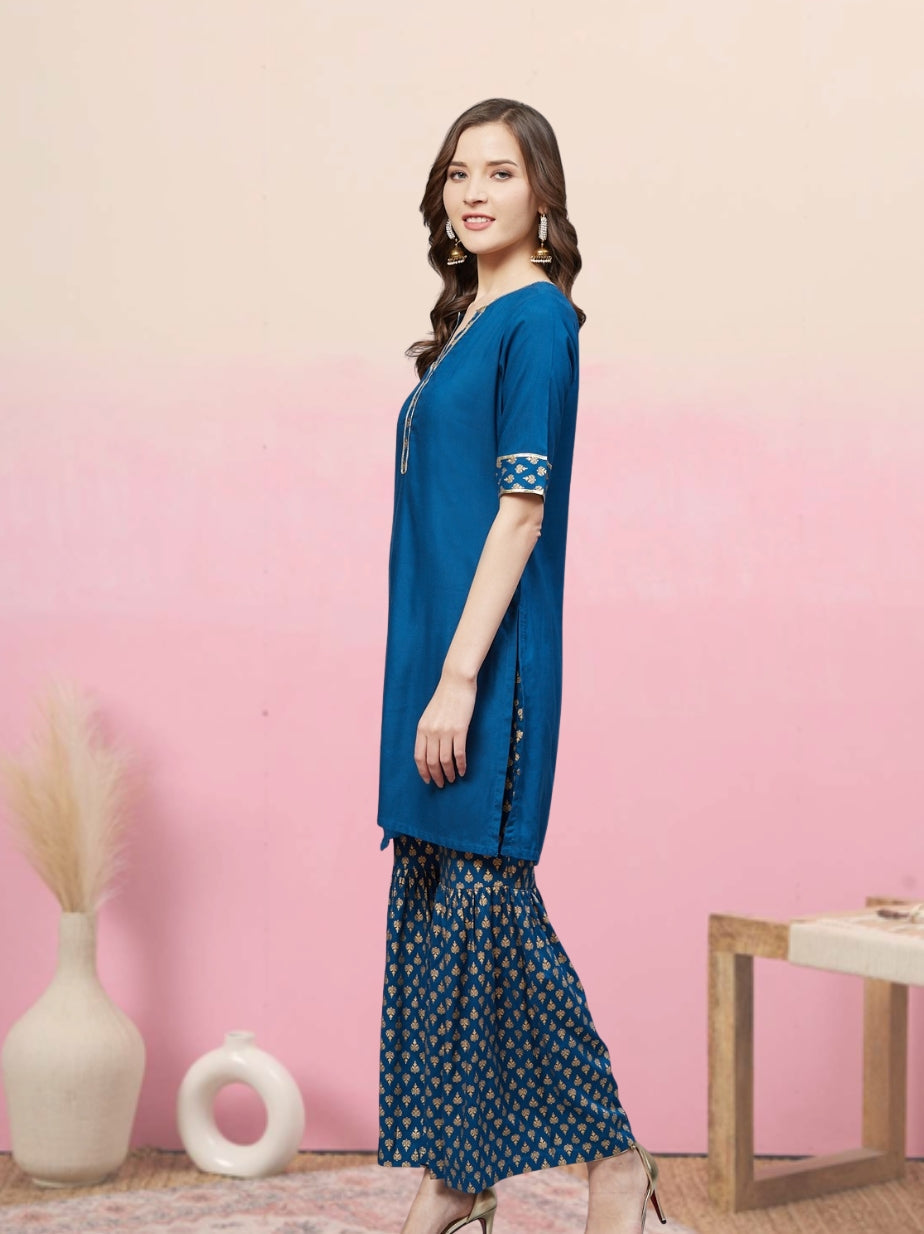 Rayon Gold Printed Straight Kurta & Sharara Set (Blue)
