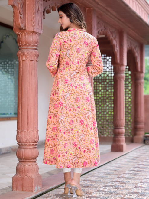 Cotton Floral Printed Anarkali Kurta (Pink)