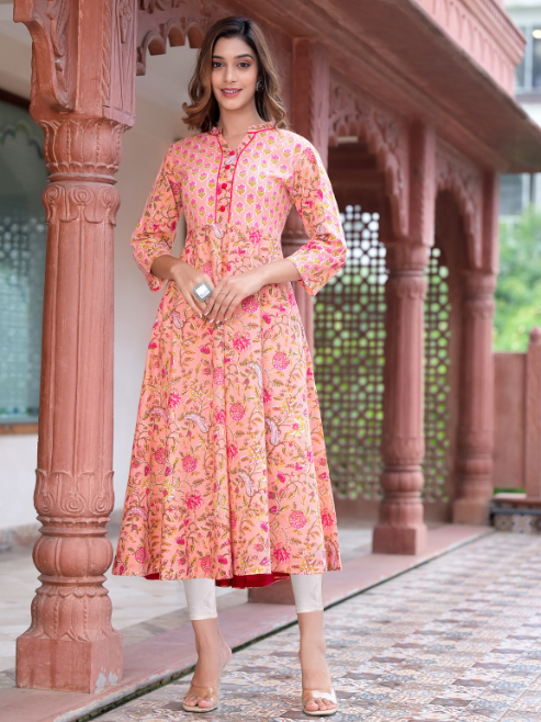 Cotton Floral Printed Anarkali Kurta (Pink)