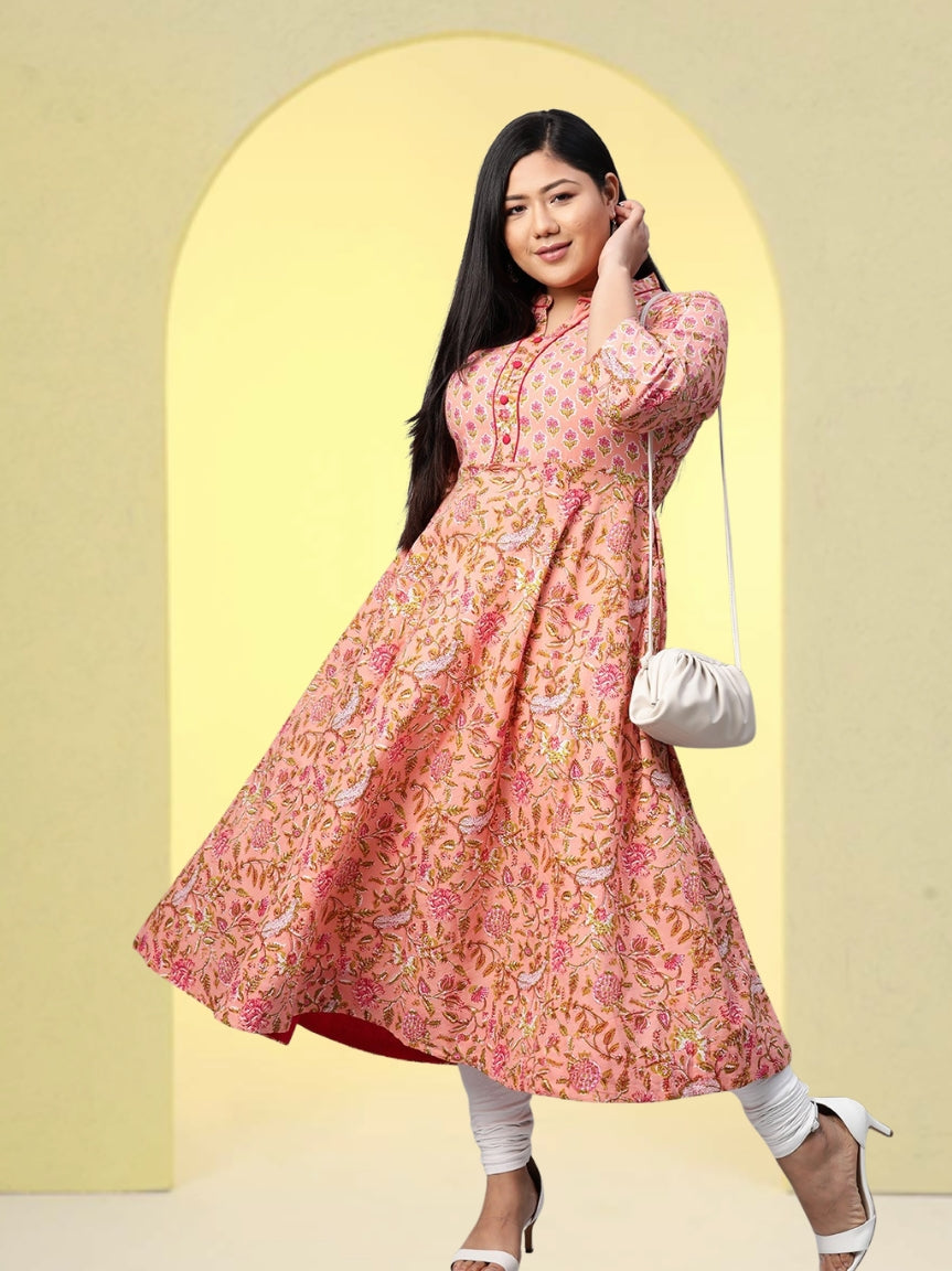 Cotton Floral Printed Anarkali Kurta (Pink)