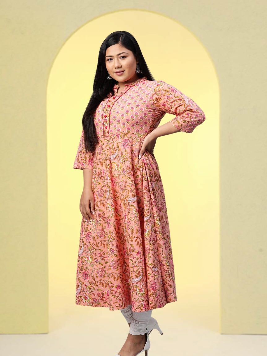 Cotton Floral Printed Anarkali Kurta (Pink)