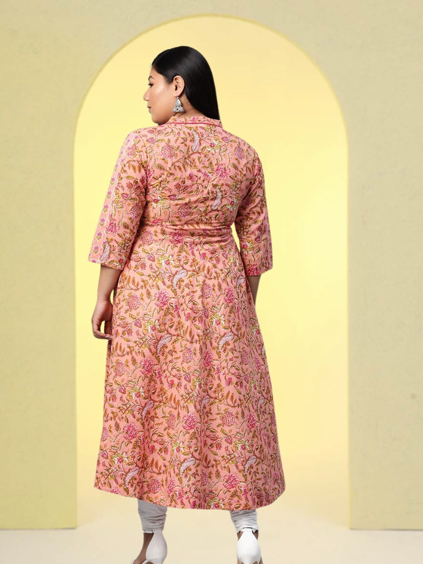 Cotton Floral Printed Anarkali Kurta (Pink)
