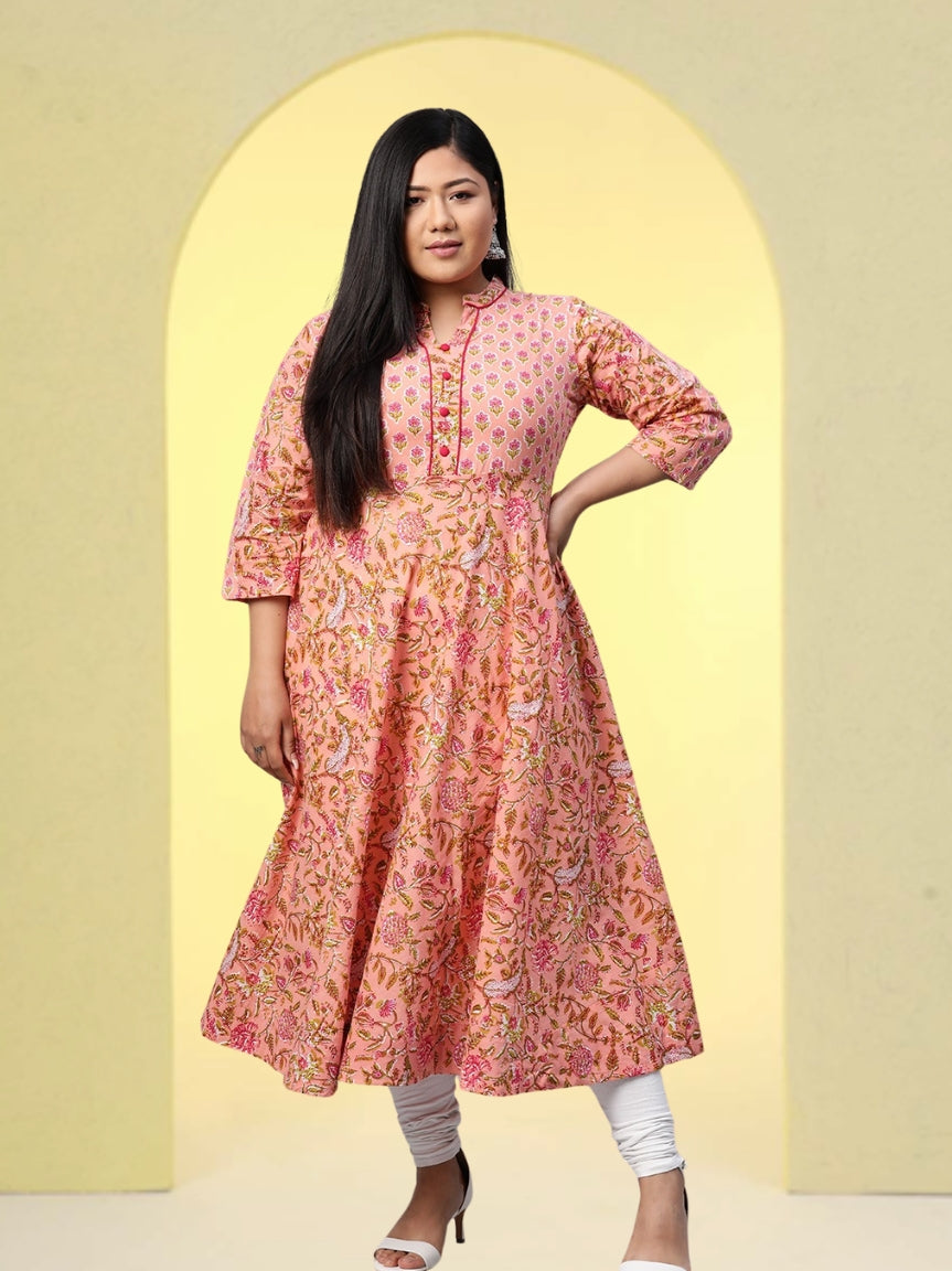Cotton Floral Printed Anarkali Kurta (Pink)