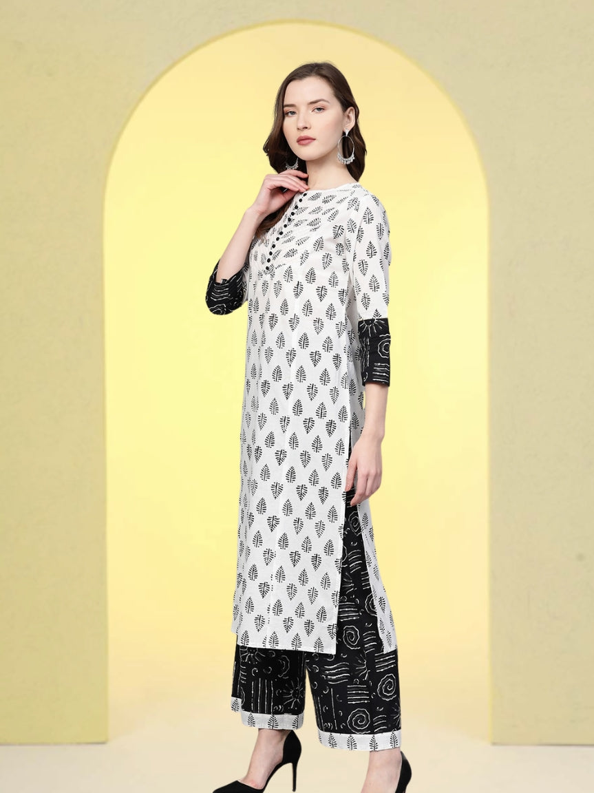 Cotton Floral Printed Straight Kurta with Palazzo & Dupatta Set (White & Balck)