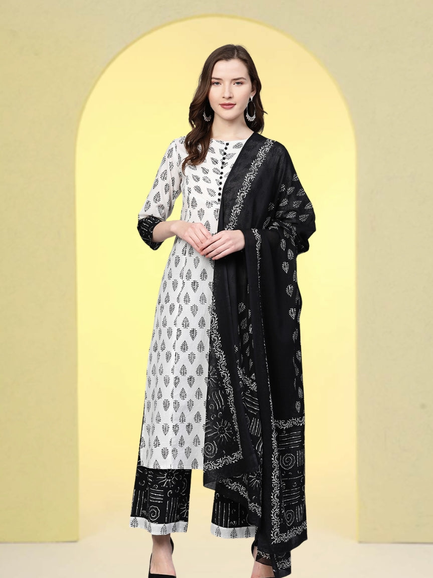 Cotton Floral Printed Straight Kurta with Palazzo & Dupatta Set (White & Balck)