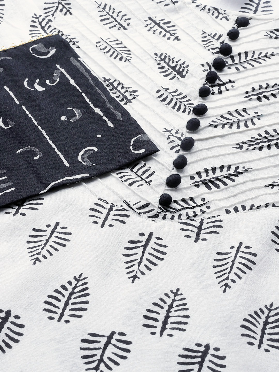 Cotton Floral Printed Straight Kurta with Palazzo & Dupatta Set (White & Balck)