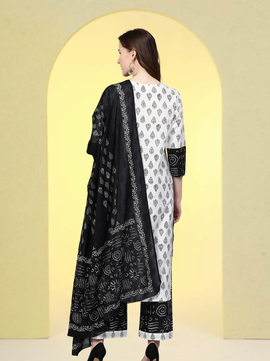 Cotton Floral Printed Straight Kurta with Palazzo & Dupatta Set (White & Balck)