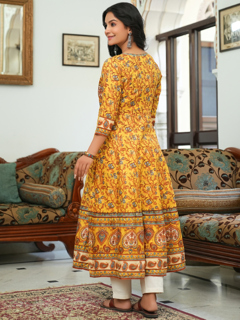 Rayon Floral Printed Anarkali Kurta (MUSTARD)