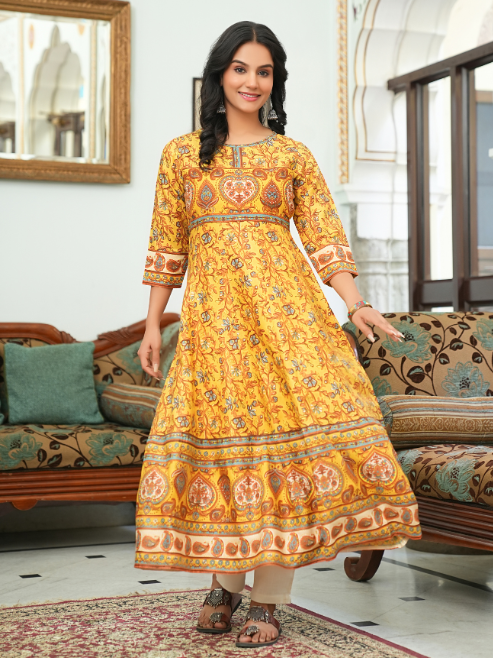 Rayon Floral Printed Anarkali Kurta (MUSTARD)