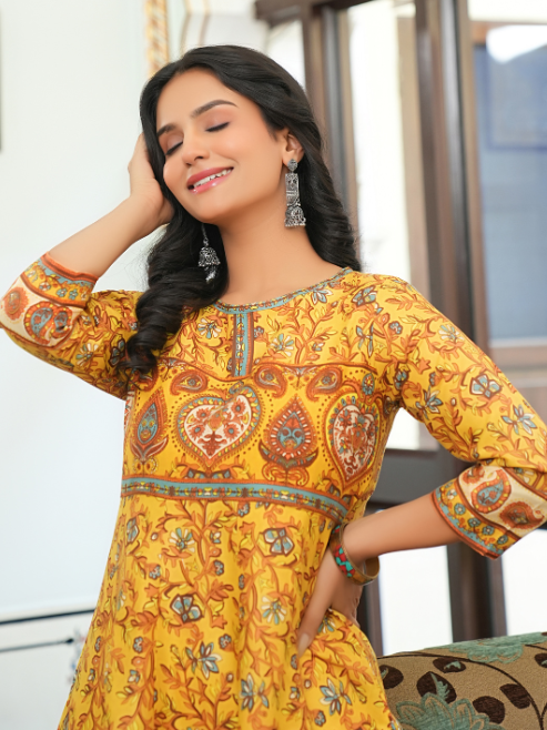Rayon Floral Printed Anarkali Kurta (MUSTARD)