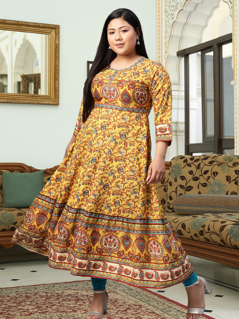 Rayon Floral Printed Anarkali Kurta (MUSTARD)