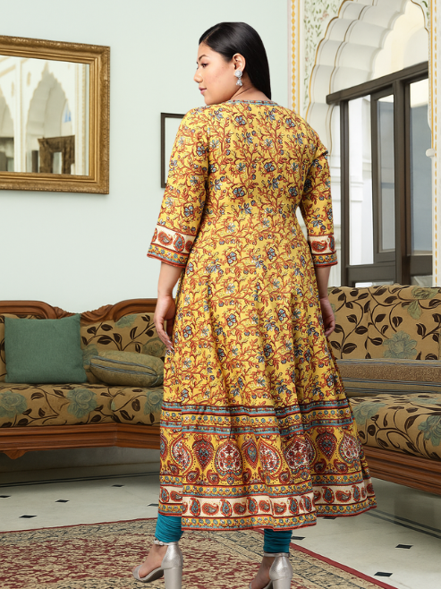 Rayon Floral Printed Anarkali Kurta (MUSTARD)